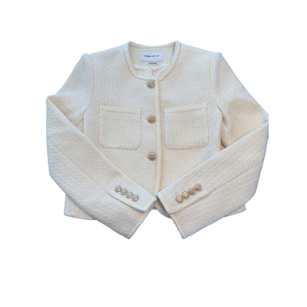 Urban Revivo Cream Tweed Boucle Jacket Gold Crest Button Braided Trim Blazer NEW